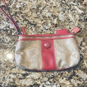 Coach Beige Signature Canvas Wristlet with Pink Trim